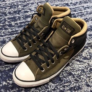 Converse Khaki, Tan, and Black Mid-Top Sneakers.
